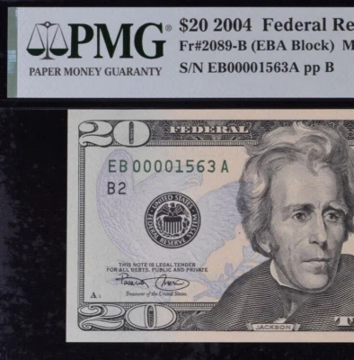 2004 $20 Federal Reserve Note PMG 64EPQ wanted popular low serial number 0001563 - Image 1 of 3