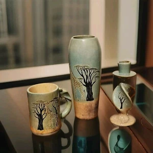 Vtg Trio African Hand Carved Painted Blue Soapstone Heavy Vase Mug &Candleholder - Picture 1 of 10