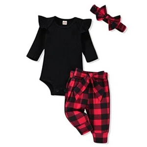 Preemie Infant Baby Girls Clothes Ribbed Romper Bodysuit Pants Newborn Plaid - Picture 1 of 7
