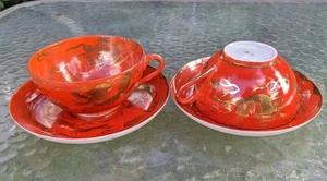 Antik Japanisch Kutani Porzellan Rot mit Gold Vergoldet Drache Teetasse Set 4 Teile Orange - Bild 1 von 15