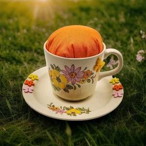 Vintage Teacup Pincushion | Handmade Flower Power Sewing Decor | Made in Romania - Picture 1 of 7