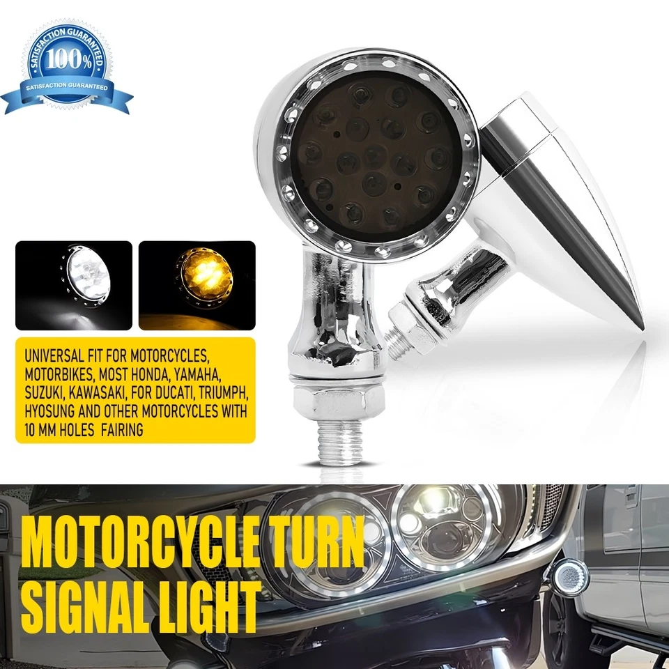 2PCS Chrome Motorcycle LED Blinker Turn Signal Light White/Amber For Harley - Изображение 1 из 4