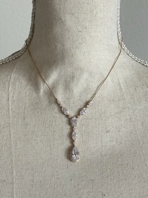 Nadri Rose Gold Tone Necklace with Teardrop Cubic Zirconia Pendant, Adjustable - Image 1 of 4