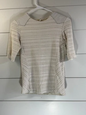 Rag & Bone Stripe Short Sleeve Cream Leather Shoulder Blouse Women's Sz: M - Image 1 of 4