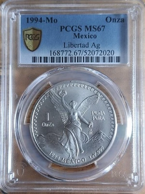 1994-Mo Mexico 1 Onza Libertad Silver PCGS MS67 Gold Shield LOW MINTAGE.. - Image 1 of 2