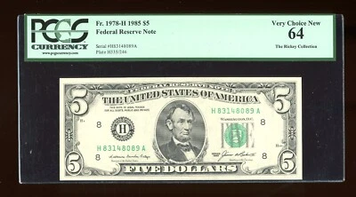 DBR 1985 $5 FRN St. Louis Fr. 1978-H PCGS 64 Serial H83148089A - Image 1 of 2