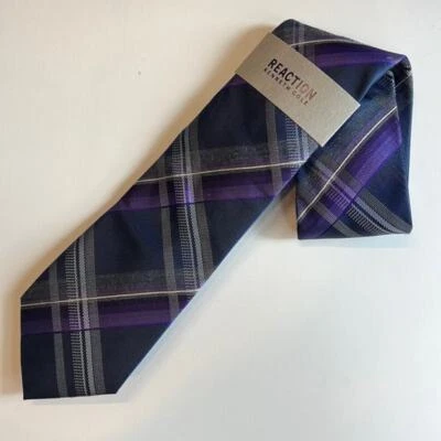 KENNETH COLE REACTION, Dark Navy & Purple Plaid Neck Tie, One Size, NWT, $59.50 - Image 1 of 4