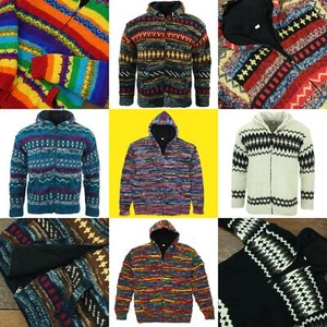 Hand Knitted Wool Hooded Jacket Cardigan Hoody Hoodie Nepal Warm Lined Ethnic - Picture 1 of 71