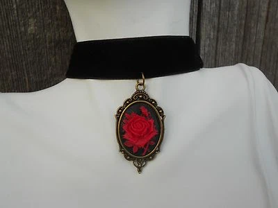 VELVET CHOKER NECKLACE WITH RED ROSE CAMEO PENDANT- WEDDING, VICTORIAN,  - Image 1 of 2