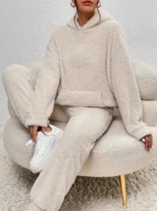 Ladies Hooded Fleece Fur Tops Nightwear Pants Pyjamas Teddy Bear Lounge Wear Set - Picture 1 of 20