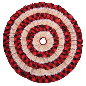 116cm Christmas Ruffle Burlap Tree Skirt w Lace Red Black Buffalo Check Décor - Picture 1 of 3