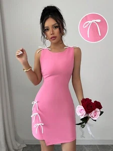 Women’s Pink Bodycon Mini Dress – Sleeveless Bow-Tie Detail on Shoulder & Side - Picture 1 of 7
