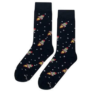 NWT Rocket Ship Dress Socks Novelty Men 8-12 Black Crazy Fun Sockfly - Picture 1 of 4