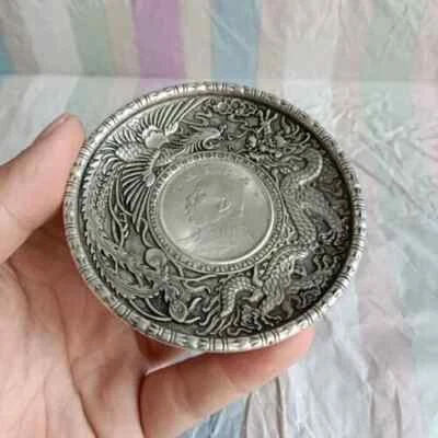 Exquisito Plato Antiguo Chino Tíbet Plata Tallado a Mano Dragón Fénix Foto 1 de 4