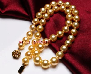 top luster 20"10-12mm real Natural south sea deep golden pearl necklace 14K gold - Picture 1 of 6