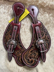 Two Tone Genuine Floral Tooled Leather Western PAIR Ladies Size Spur Straps - Picture 1 of 4