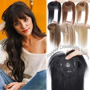 Russian 100% Women Topper Toupee Hairpiece Real Virgin Human Hair Silk Base BANG - Picture 1 of 40