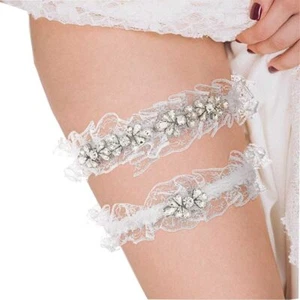 White Lace Wedding Garter Set with Rhinestones Bride Leg Accessories 2pc - Picture 1 of 7