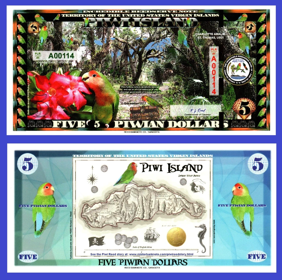 Piwi Islands $5, Piwi at St. Thomas, gold foil segmented security strip UNC - Image 1 of 1