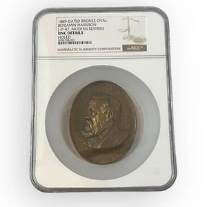 Modern Restrike 1889 Bronze Oval Benjamin Harrison NGC J-JP-47 Peace Medal Holed - Picture 1 of 8
