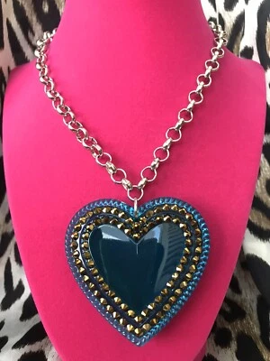 Collar Swarovski Luly Lu "Mística" De Colección ENORME Corazón Lucite Azul Teal Bronce Foto 1 de 4