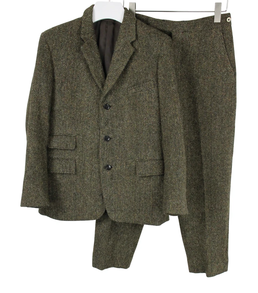 HARRIS TWEED Costume Homme SMALL 2en1 Laine Herringbone Vert Simple Boutonné - Photo 1/4