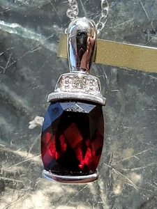 Garnet Labcreated Emerald Cut & Diamond Pendant 10kt Solid White Gold - Picture 1 of 12