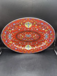Vintage rot emailliertes Porzellan chinesische Jingdezhen 13-1/2 Platte handbemalt! - Bild 1 von 6
