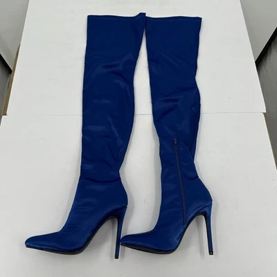 Womens Blue Satin Thigh High Stiletto Heel Boots Size 7 Whimsigoth Statement - Image 1 of 4