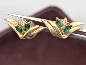 14K Gelbgold Smaragd & Diamant Akzente Ohrstecker Schmetterling Ohrstecker ~ 2,3g - Bild 1 von 8