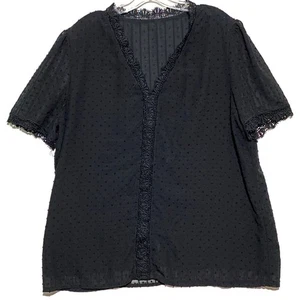 Schwarz V-Ausschnitt Bluse Top XL Whimsigoth Witchy Häkel Schweizer Punkte Y2K Fee Grunge - Bild 1 von 8