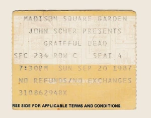 GRATEFUL DEAD CONCERT TICKET STUB MADISON SQUARE GARDEN 9-20-87 FREE SHIPPING - Picture 1 of 1