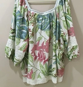 Neu Nicole Miller Damen Plus 1x Top Tropical Grün Leinenmischung Häkel Boho - Bild 1 von 5