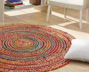 Handmade Round Braided Jute Cotton Mix Rug Colorful Boho Area Carpet Home Decor - Picture 1 of 49