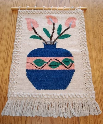 Vtg Southwest Wool Tapestry Wall Hanging Colorful Vase W/Flowers 31.5"×22" Used - Image 1 of 4
