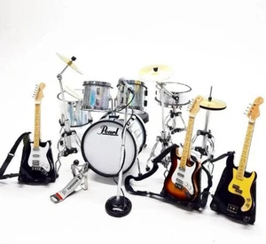 1/12 Miniature Drum Set Pearl Style Silver + 3 Guitars & Mic Gift Display Set - Picture 1 of 5