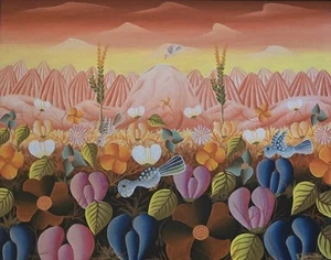 Rare & Original Robert Damour Tropical Landscape Haitian Naif Folk Art Painting - Picture 1 of 9