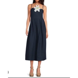 New Famm Mon Women's Linen Midi Dress Navy Blue with Floral Accent Size Small g1 - Picture 1 of 8