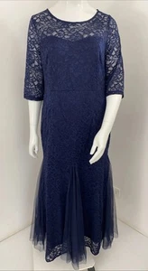14-16 / L-XL Navy Blue Floral Lace Evening Dress With Tulle Fishtail Skirt - Foto 1 di 12