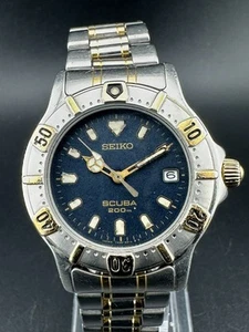 Seiko Scuba Mens Blue Dial Date Two-Tone 35mm Quartz Dive 200m WR 7N35-6020 - Picture 1 of 12
