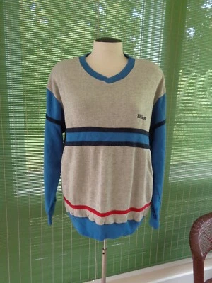 Vtg Wilson Logo Sweatshirt Unisex Med to LG 80's Taiwan Gray Blue V Neck Striped - Image 1 of 4