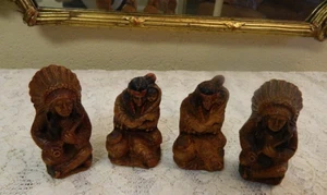 Folk Art Carved Wood/Resin Native American Indian Chief Sitting & Squaw (4) Lot - Picture 1 of 9
