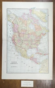 Vintage 1903 NORTH AMERICA Map 14"x22"~ Old Antique Original CANADA MEXICO USA  - Picture 1 of 8