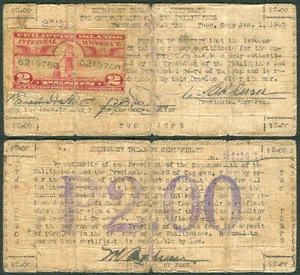 2 Pesos Philippine CAGAYAN w/ Revenue Stamp WW2 Guerrilla Emergency Banknote - Picture 1 of 4