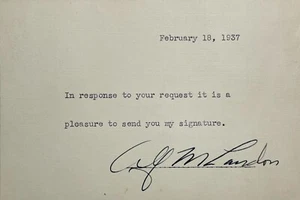 ALFRED M. LANDON Signed Autograph 3"x5" PAGE Former 26th Governor of KANSAS 1937 - Picture 1 of 6