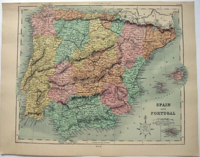 Spain & Portugal - Original 1878 Map by William Hughes & John Dower. Antique - Image 1 of 3