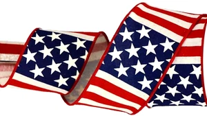 Patriotic 2.5" by 2 yd Red Off White Navy Stars Stripes Wired Ribbon Veterans - Picture 1 of 2