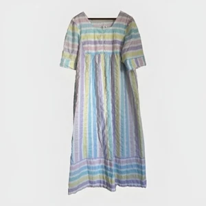 Vintage 1960s Saybury 2X Pastel Stripe Seersucker Maxi Dress Long Empire Waist - Picture 1 of 7
