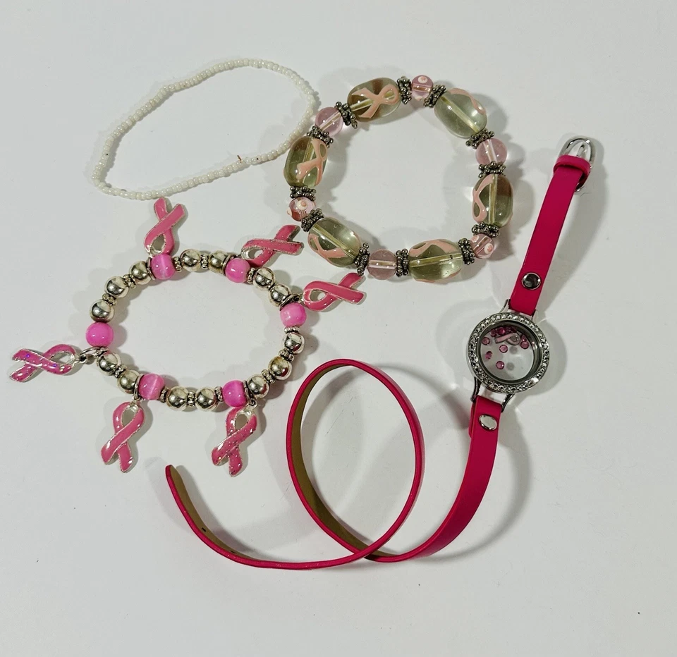 Breast Cancer Awareness Bracelet Set Origami Owl Rhinestone Bracelet Pink Ribbon - Image 1 of 4