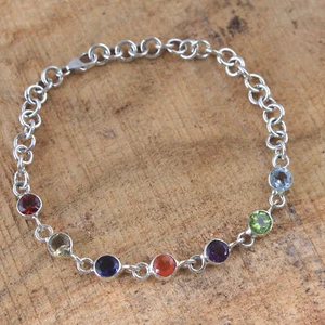 Multi Gemstone 925 sterling Silver Jewelry Beautiful 7 stone Bracelet 7.5" - Picture 1 of 2